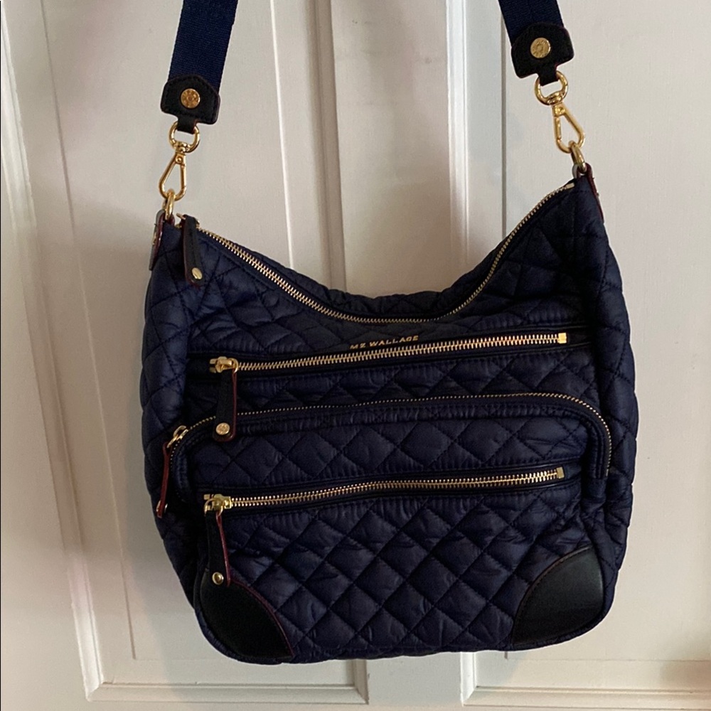 MZ Wallace Quilted Dark Blue Shoulder Bag with Gold Details